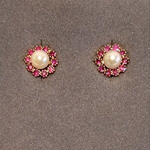 14k Yellow Gold Pearl & Garnet Halo Studs